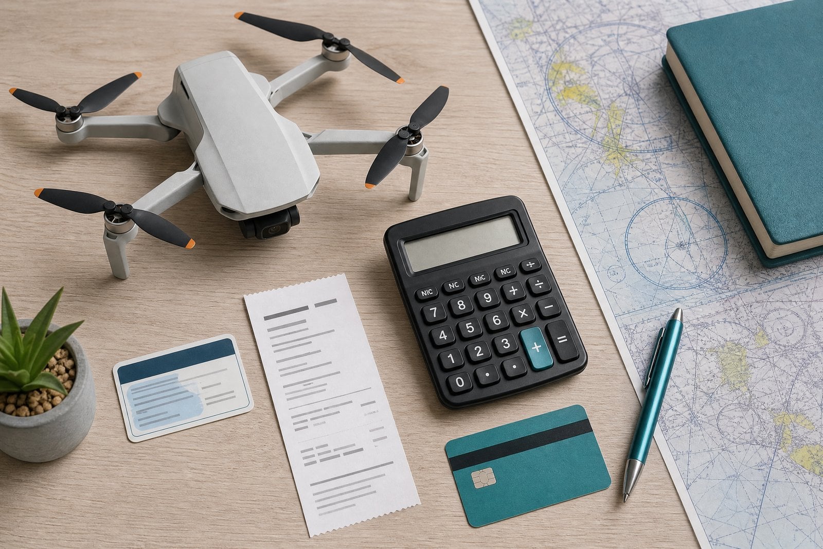 Part 107 cost breakdown with a drone, calculator, registration card, and payment items