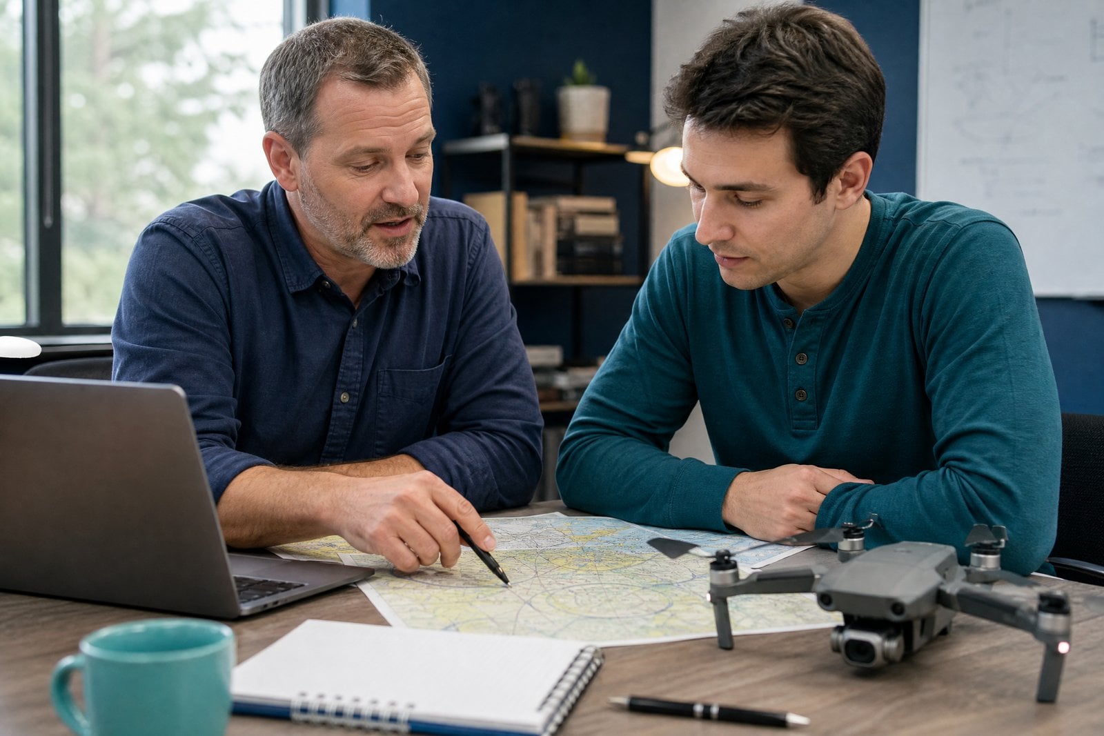 Drone instructor helping an adult learner prepare for the Part 107 knowledge test