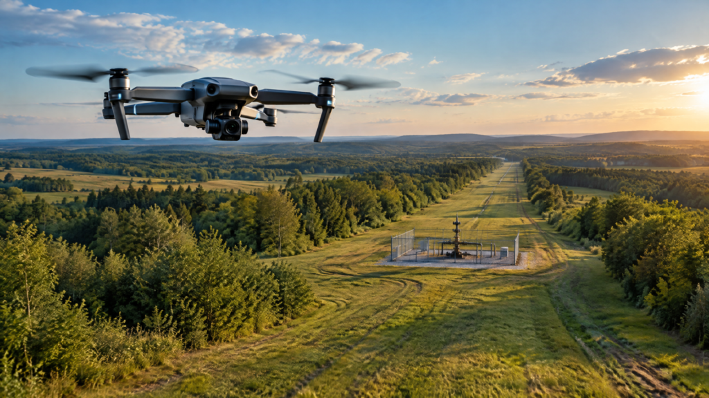 Professional drone above a rural pipeline right-of-way and valve station
