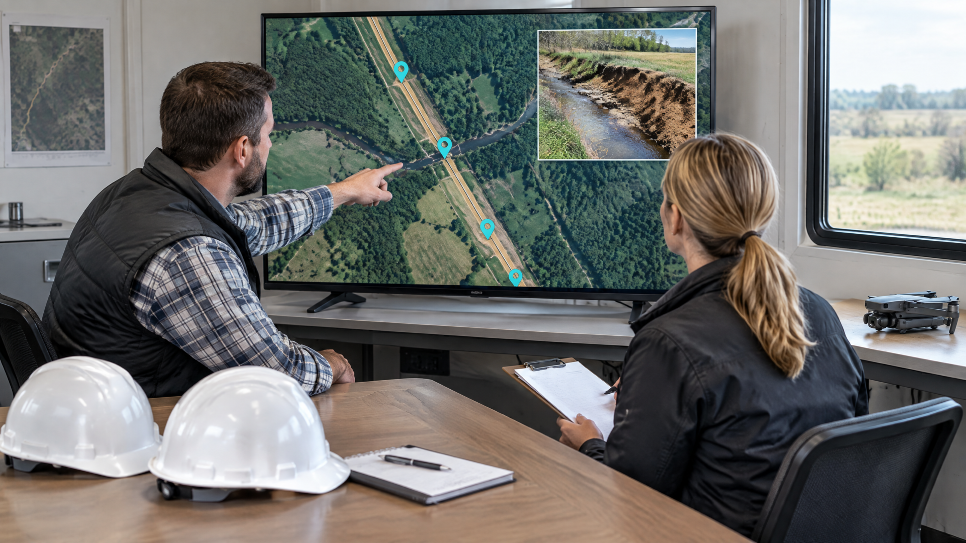 Infrastructure professionals reviewing geotagged pipeline corridor imagery