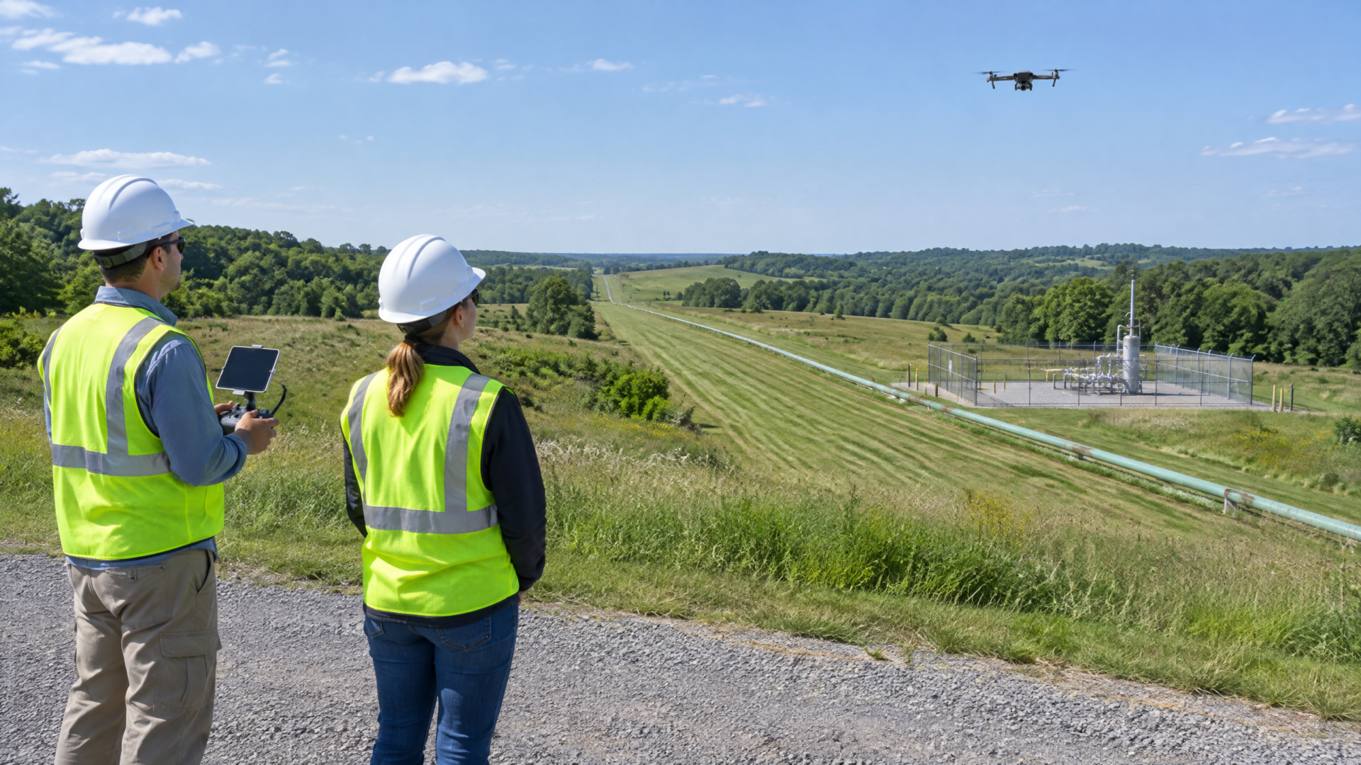 Drone pilot and visual observer documenting a rural pipeline corridor