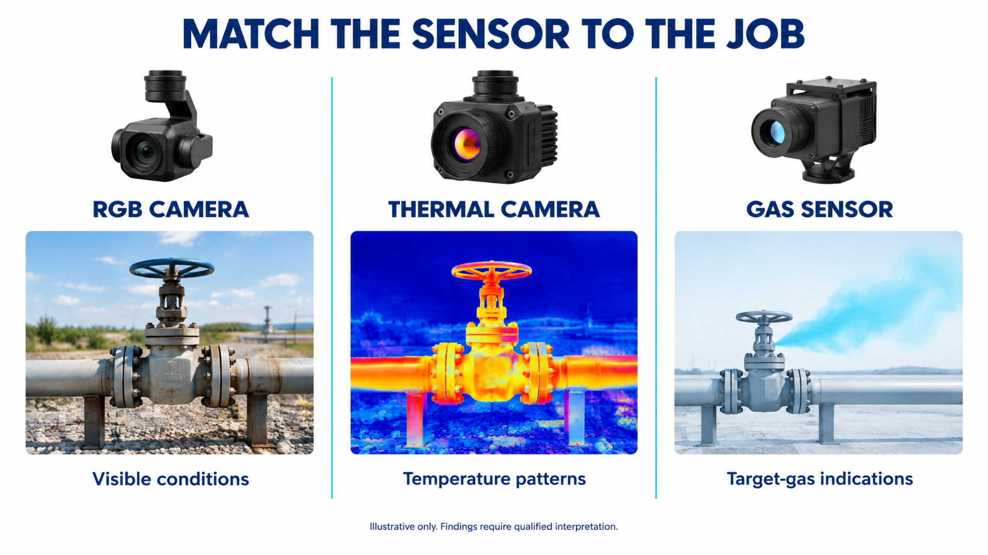 RGB cameras show visible conditions, thermal cameras show temperature patterns, and gas sensors provide target-gas indications