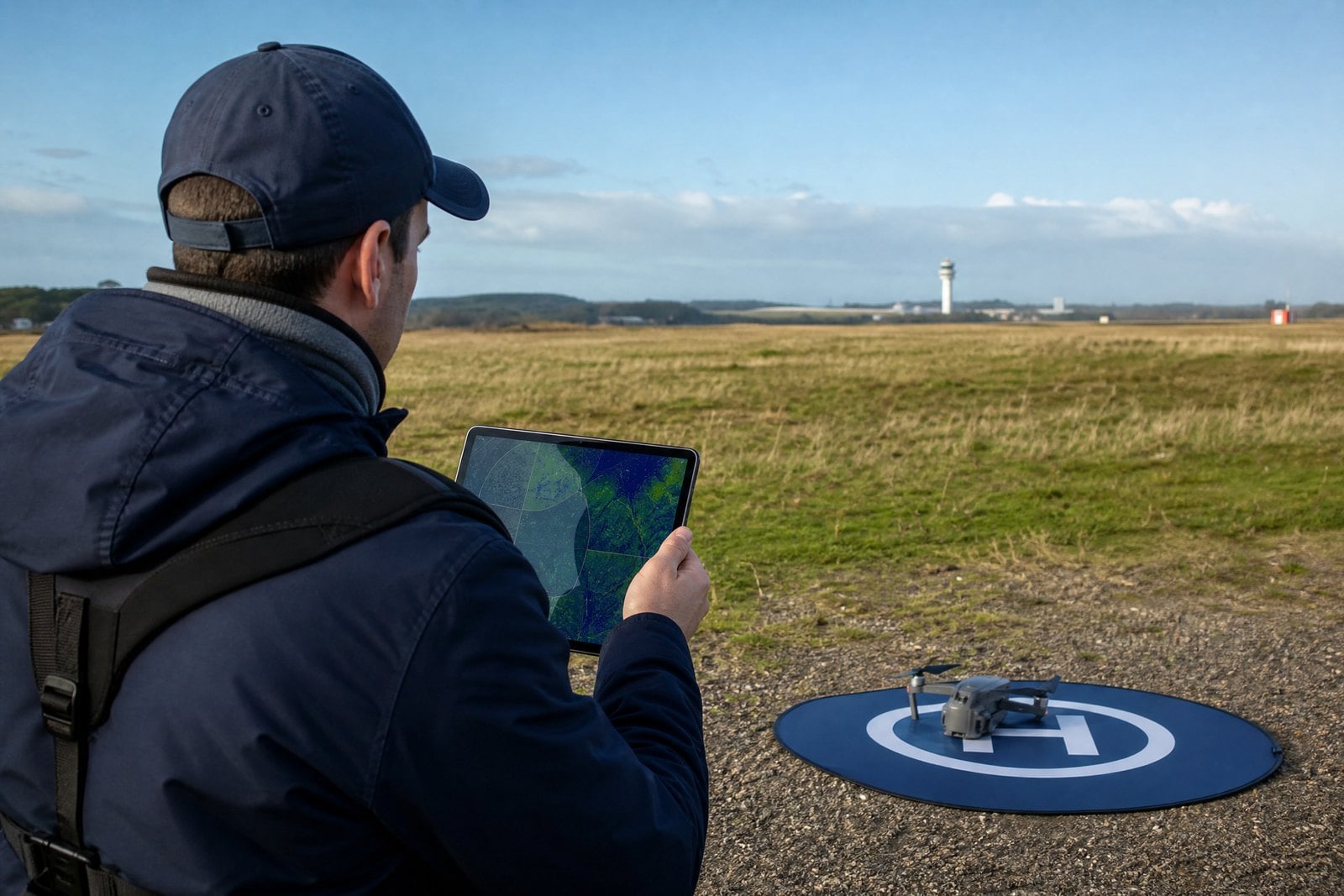 Pilot checking airspace on a tablet before a flight while the drone remains on the ground