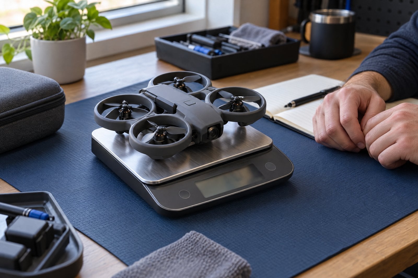 Compact drone with propeller ducts on a scale for a complete-configuration weight check