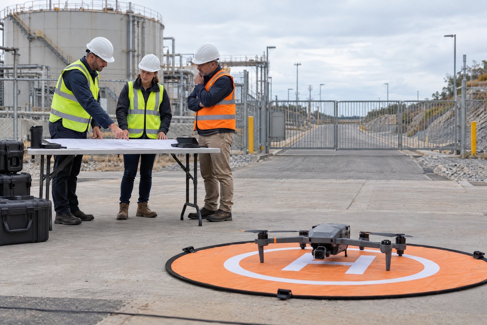 Drone crew reviews a flight plan at a closed industrial site with the drone grounded nearby
