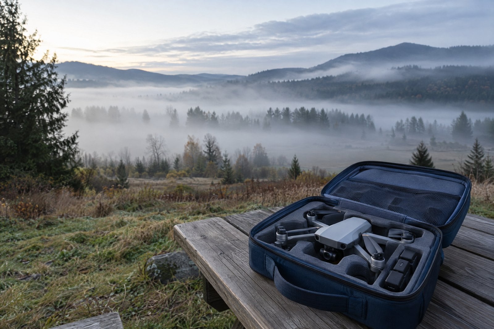 Drone remains packed in a gear case while fog covers the valley.