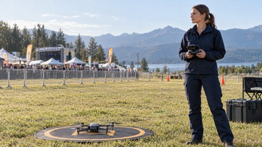 Drone pilot beside a grounded quadcopter in a launch area separated from event spectators
