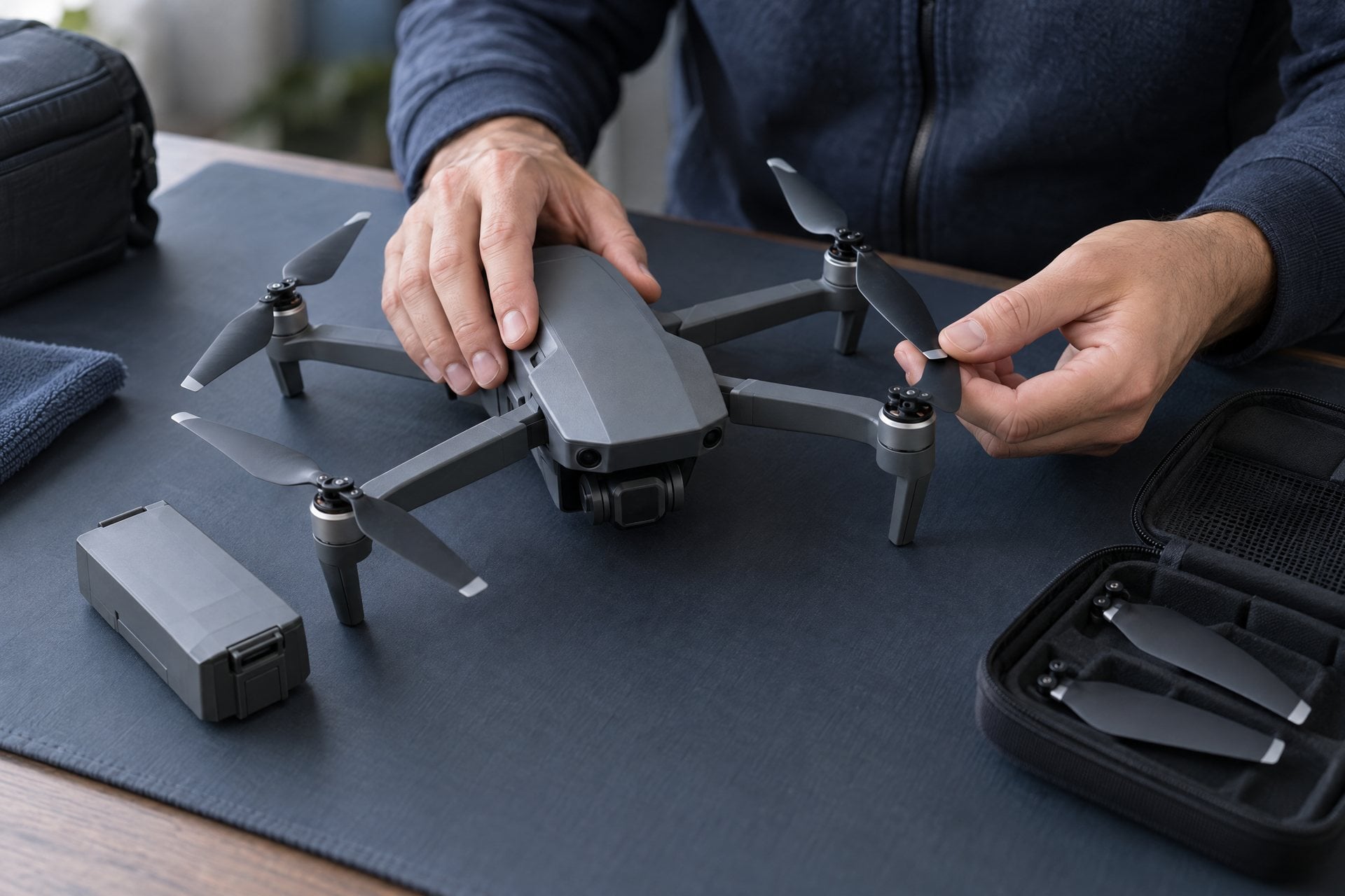Powered-off quadcopter with a removed battery during a propeller inspection