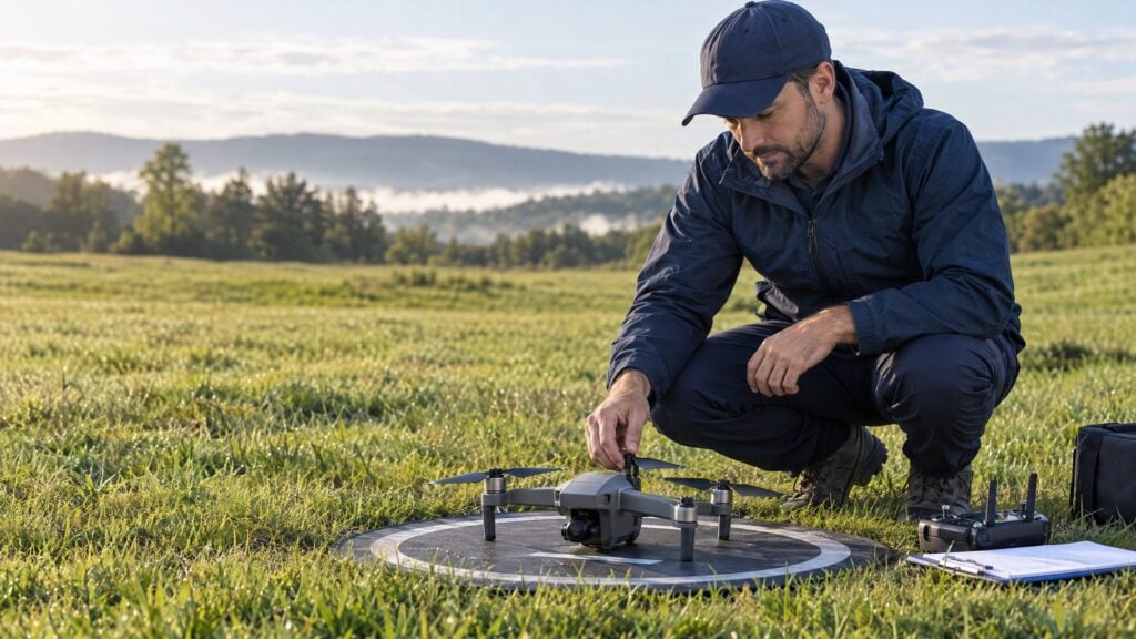 Pilot inspecting a grounded quadcopter on a launch pad before flight