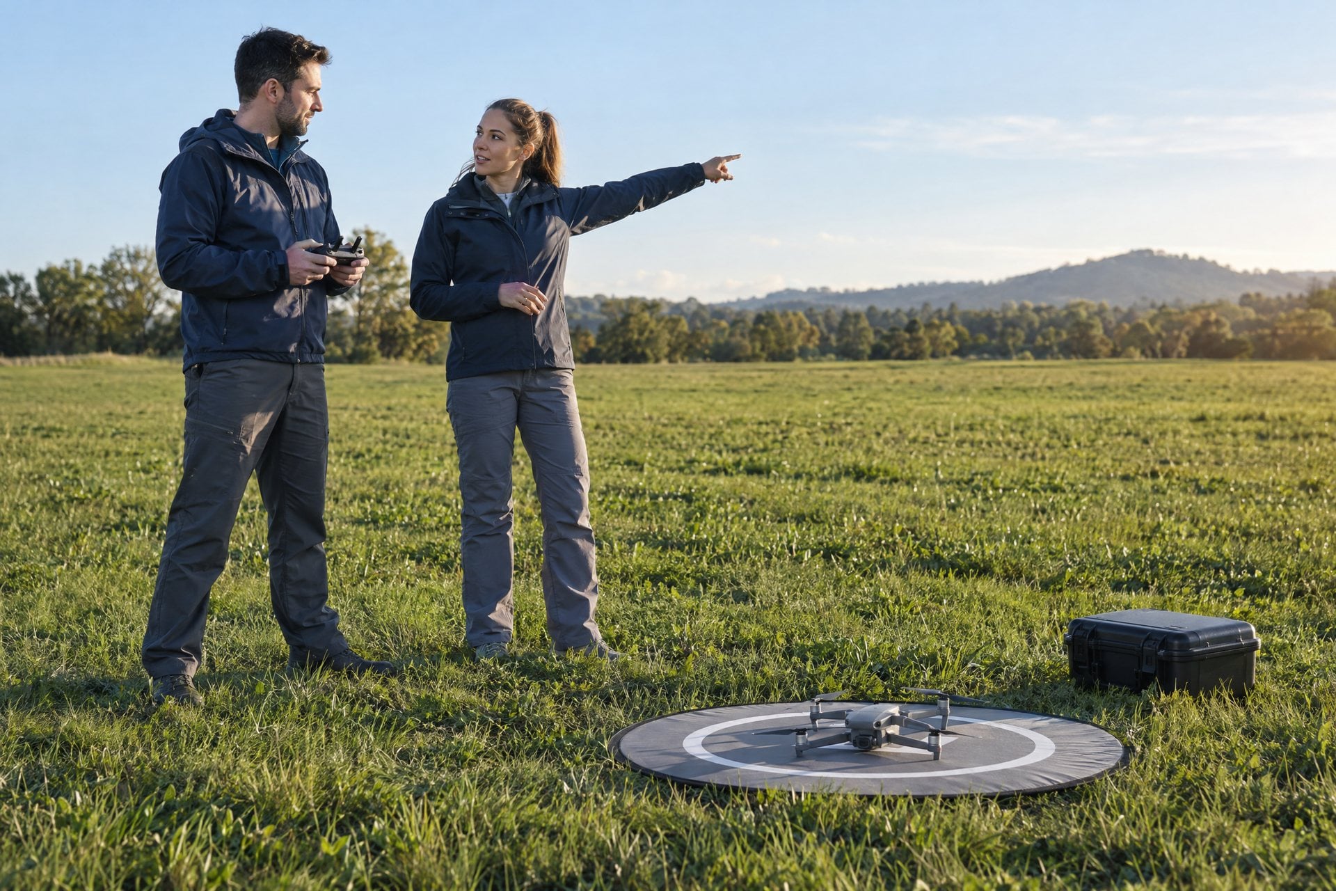 Drone pilot and visual observer briefing beside a grounded aircraft in an open field