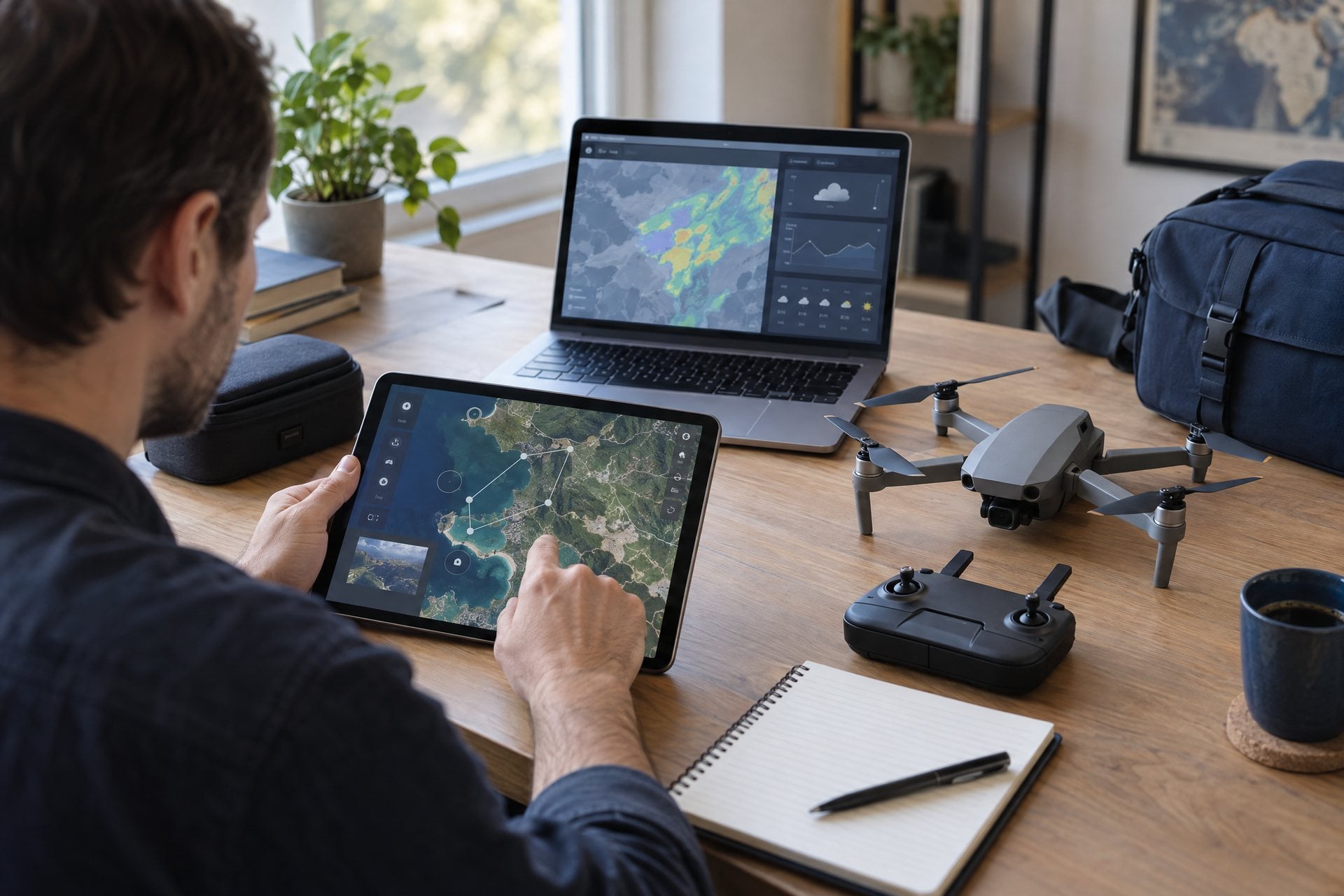 Pilot reviewing a flight map and weather beside a drone and controller