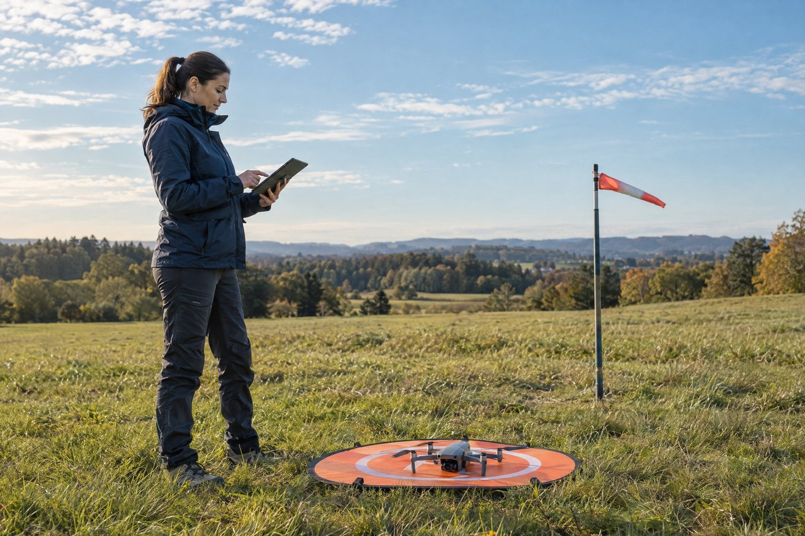 Remote pilot checks weather information beside a grounded drone and wind indicator.