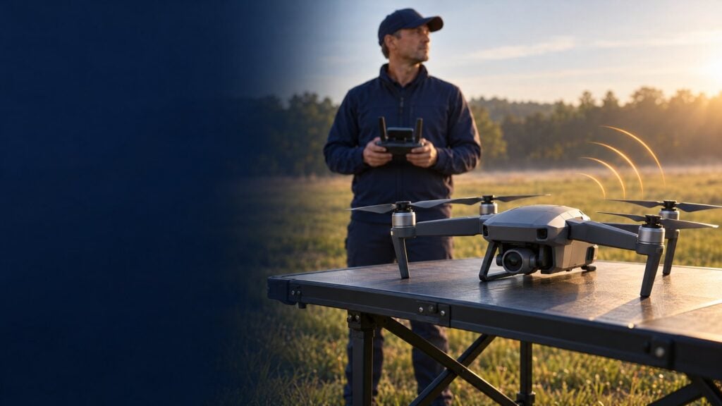 Illustration of a camera drone and pilot preparing for a Remote ID compliant flight.