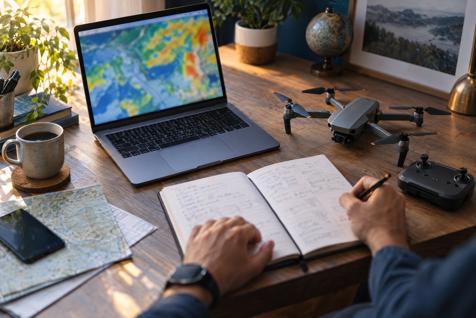 Drone and notebook beside a laptop during aviation weather study.