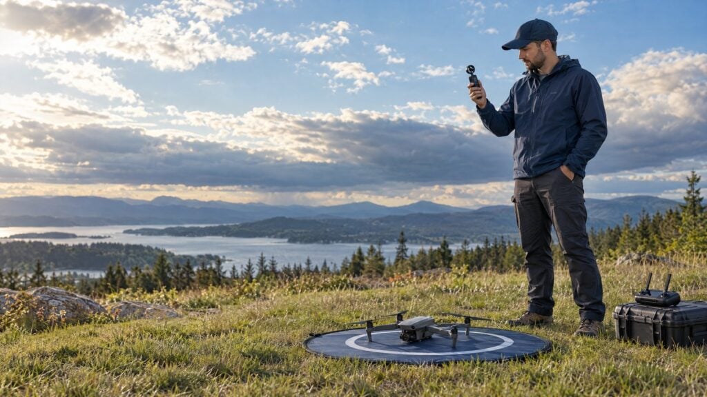 Drone pilot checks wind with a handheld anemometer while a drone rests on a landing pad.