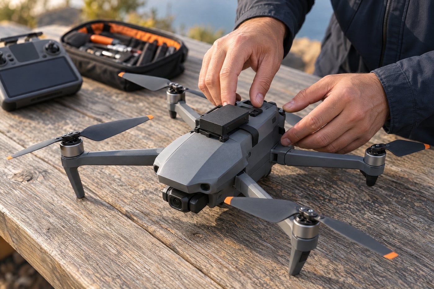 Illustration of a generic Remote ID broadcast module mounted on an older camera drone.