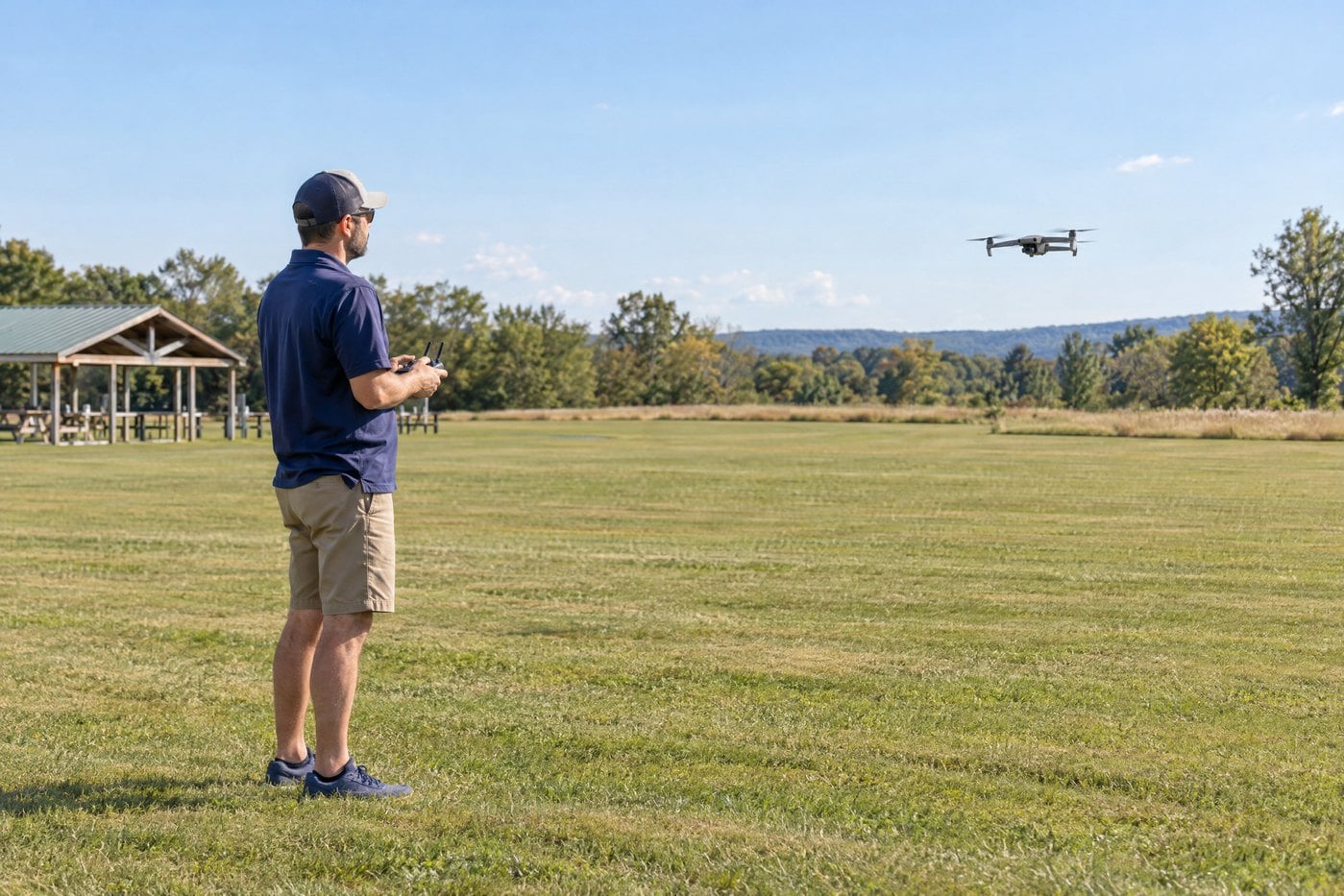 Illustration of a pilot keeping a drone in direct sight at a model aircraft field.