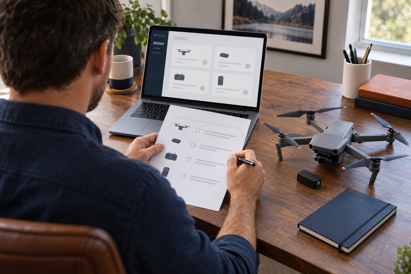 Illustration of a pilot comparing drone and module details before updating registration.